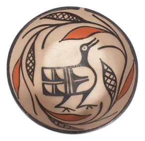 Signed 2008 Santo Domingo Pueblo Pottery Bowl With Bird by Ione Coriz