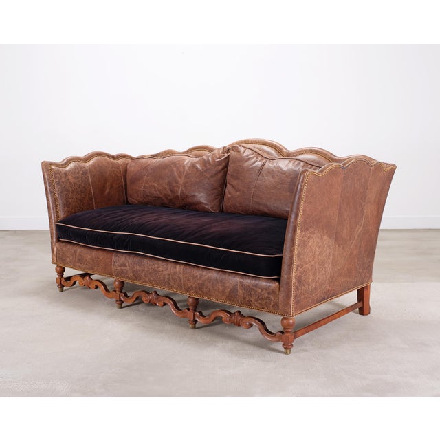 English Country English Style Distressed Leather and Walnut Sofa For Sale - Image 3 of 18