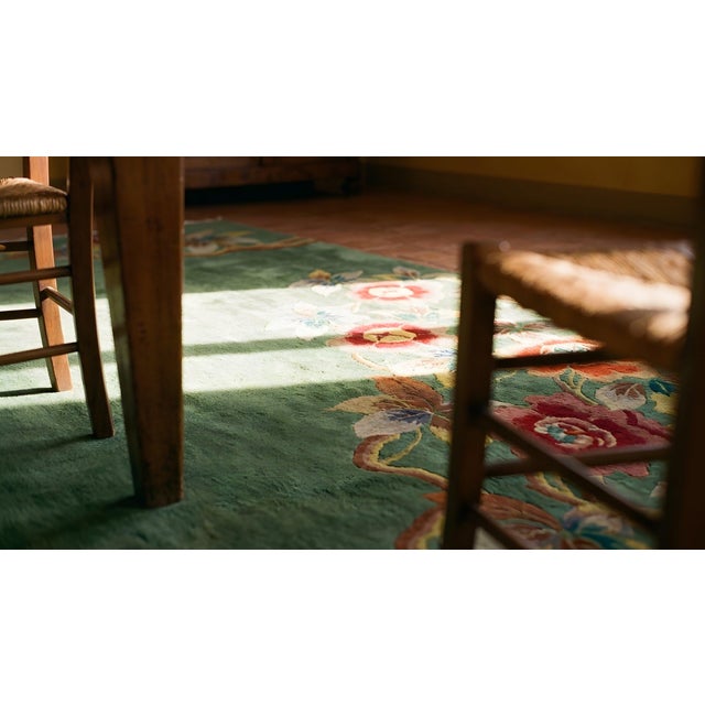 1930s Green Open Floral Antique Chinese Art Deco Carpet 8' 7" X 11' 4" Knotted Pile Wool Rug For Sale - Image 13 of 15
