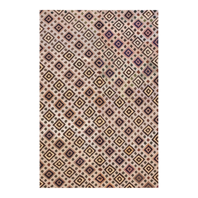 1960s Gray Diamond Vintage American Hooked Rug 5' 11" X 8' 6" Handknotted Wool Carpet For Sale