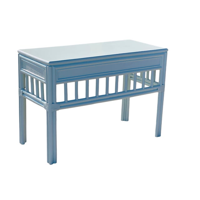 David Francis lacquered blue bamboo/rattan console table/desk. Well manufactured in very good condition.