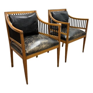 Circa 1835 Austrian Biedermeier Cherry Wood + Leather Arm Chairs, Pair For Sale