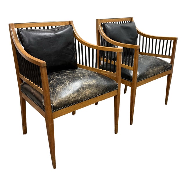 Circa 1835 Austrian Biedermeier Cherry Wood + Leather Arm Chairs, Pair For Sale