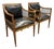 Circa 1835 Austrian Biedermeier Cherry Wood + Leather Arm Chairs, Pair For Sale
