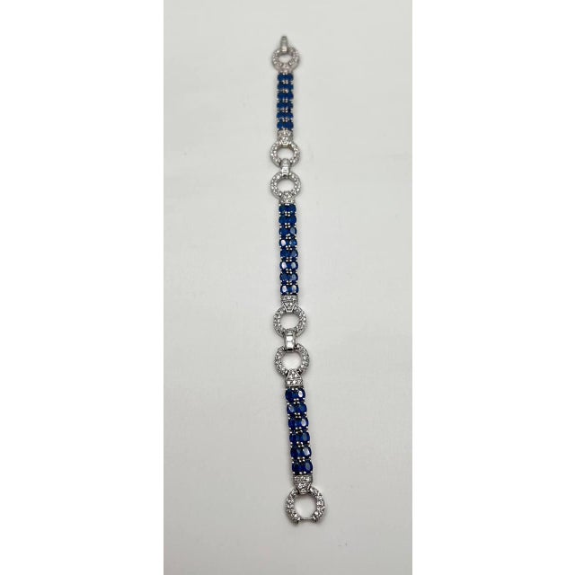 Modern Blue Sapphire Tennis Line Diamond Pave Statement Unique 14k White Gold Bracelet For Sale - Image 3 of 12