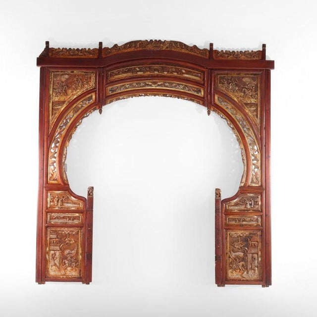 Brown Vintage Chinese Gilt & Vermillion Scenic Carved Rosewood Doorway Entry Panel For Sale - Image 8 of 16