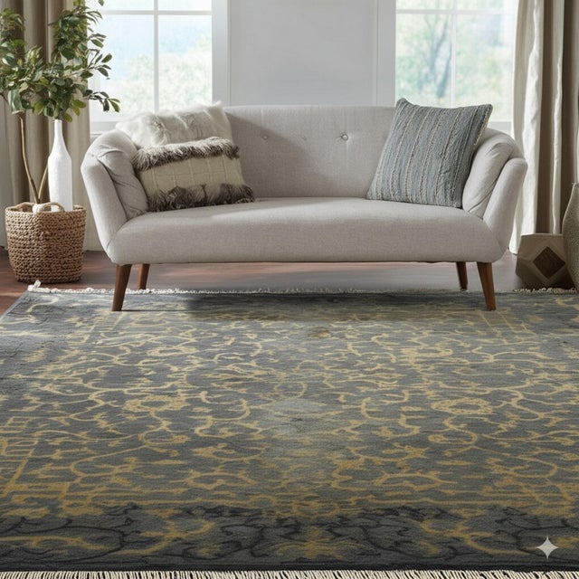 2020s Charcoal Gold Distressed Floral Hand-Knotted Wool Rug 6x8 For Sale - Image 5 of 7