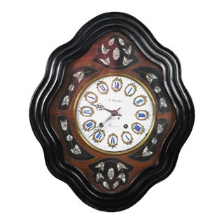 Antique Napoleon III French 19th Century Ebonized Mother of Peral Inlaid Wall Clock For Sale