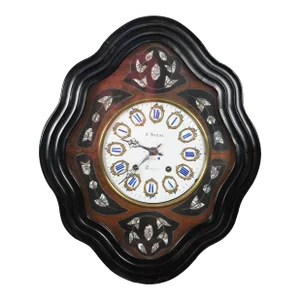 Antique Napoleon III French 19th Century Ebonized Mother of Peral Inlaid Wall Clock