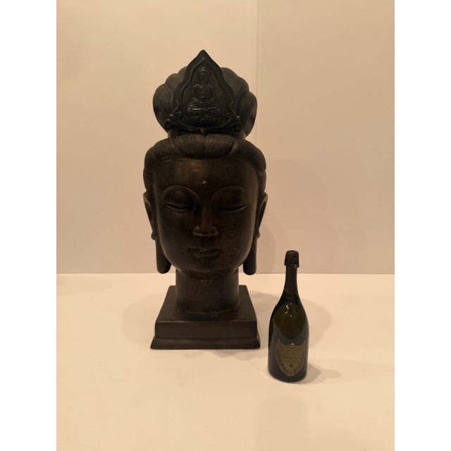 Incredible large scale bronze Buddha head having impressive detail in its decoration. RR