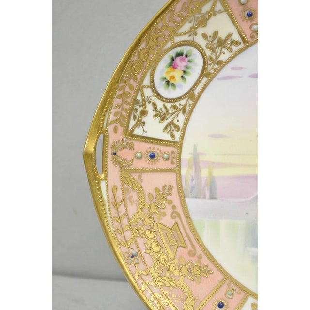 Pink Antique Nippon Hand Painted Porcelain Gold Gilt Swan & Lake Scene Cabinet Plate For Sale - Image 8 of 15