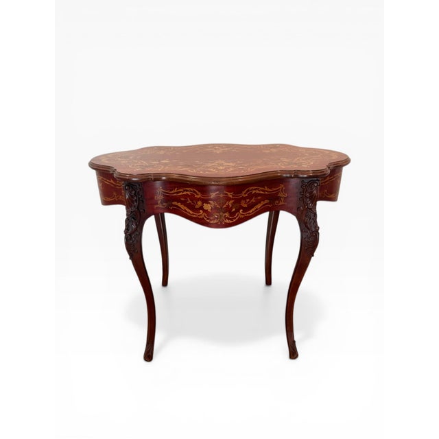 French Mid 20th Century Louis XV Style Inlaid Marquetry Console Table With Mother-of-Pearl Accents For Sale - Image 3 of 12