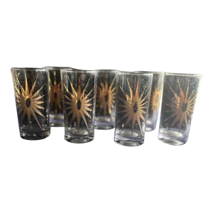 1950s Fred Press Mid-Century Celestial/Atomic Burst 22 Karat Black and Gold Glasses- Set of 7