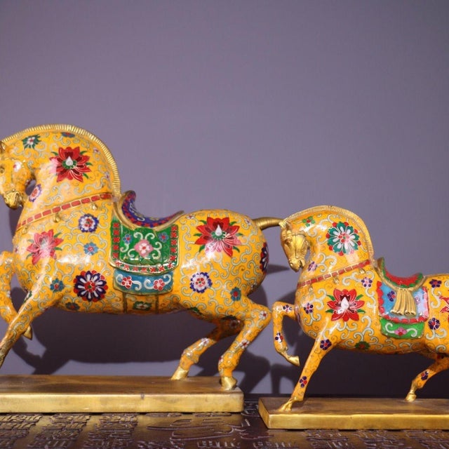 Metal Pair of Gilt Bronze Cloisonné Enamel Horse Figures For Sale - Image 7 of 10