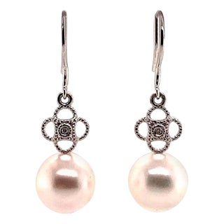Diamond Akoya Pearl Earrings 14 Karat White Gold Certified For Sale