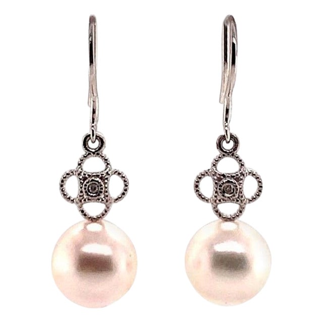 Diamond Akoya Pearl Earrings 14 Karat White Gold Certified For Sale
