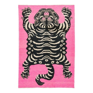 Room Size Handmade Turkish Wool Rug in Pink With a Tiger Motif For Sale