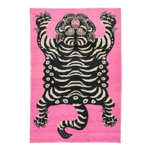 Room Size Handmade Turkish Wool Rug in Pink With a Tiger Motif