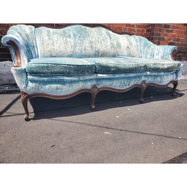Victorian Antique Carved Wood Blue Velvet Sofa | Chairish