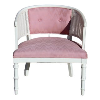 Vintage Cane Barrel Chair With Blush Pink Upholstery | Hollywood Regency Style Accent Chair For Sale