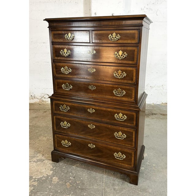 English Drexel 18th Century Collection Banded Chest of Drawers For Sale - Image 3 of 13