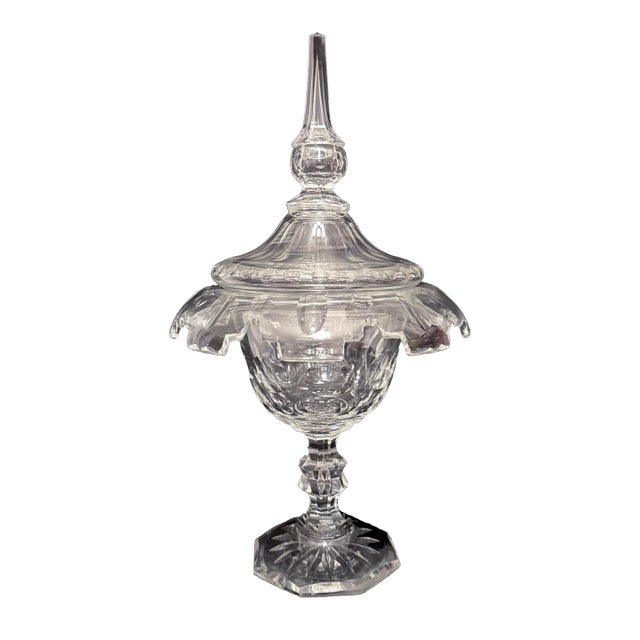 Late 19th Century Victorian Sweetmeat Cut Crystal Antique Footed Glass Ginger Jar Covered Coupe For Sale