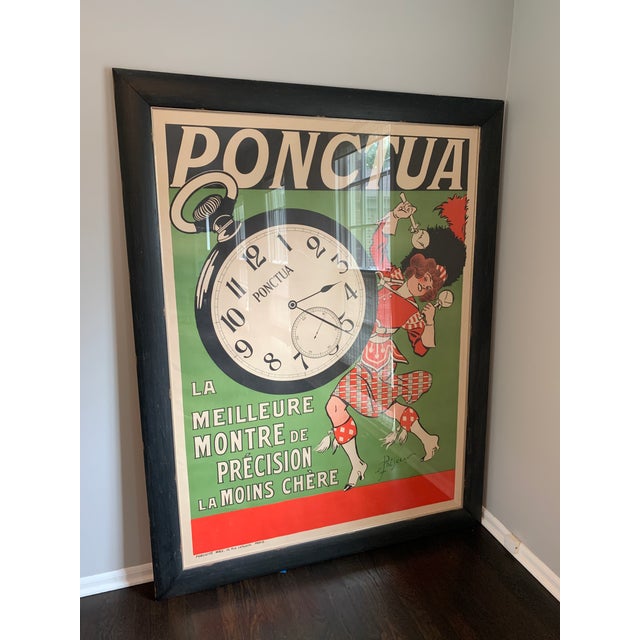 Original lithograph vintage French advertising poster for Ponctua Watches created by artist Rene Prejelan in 1910. On...