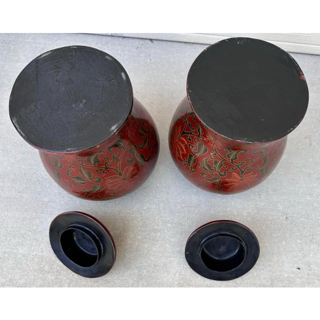 Antique 19th Century Pair of Chinese Red Black Lacquer Paper Mache Temple Jars Floral Motif For Sale - Image 12 of 12