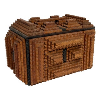 Tramp Art Carved Box With Handled Lid For Sale