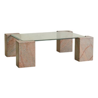 Vintage Italian Pink Granite Coffee Table with Beveled Glass Top For Sale