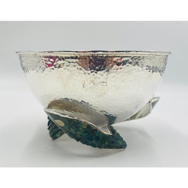 Los Castillo Los Castillo 1950s Silver Bowl With Malachite-Inlaid Fish Base, Taxco, Signed For Sale - Image 4 of 18