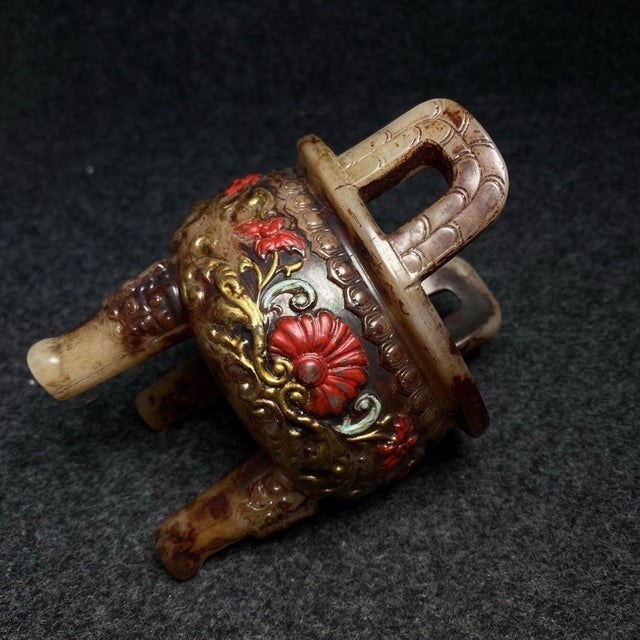 1980s Vintage Chinese Archaic-Style Stone Censer With Twin Handles and Floral Relief Carvings For Sale - Image 5 of 9