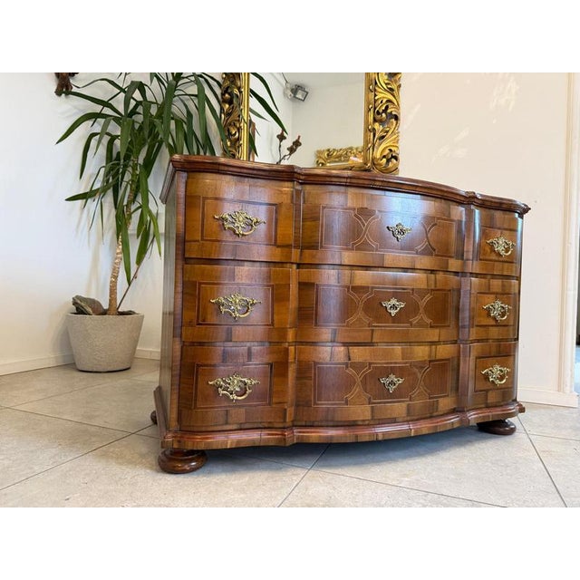 Baroque Chest of Drawers in Fruitwood Marquetry and Walnut For Sale - Image 4 of 18