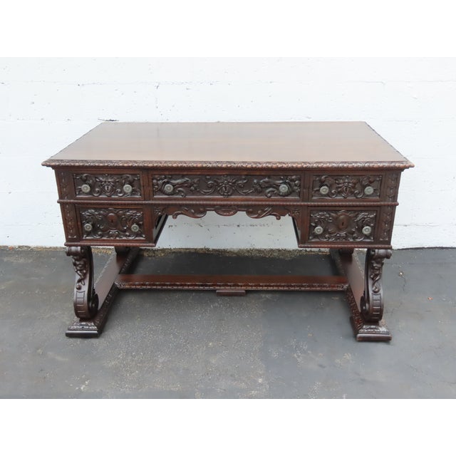 Late 1800s Victorian Large Heavy Hand Carved Cherub Partner Desk 6656 For Sale - Image 10 of 17