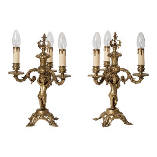 1930s Brass Cherub Candelabra Style Table Lamp - A Pair For Sale