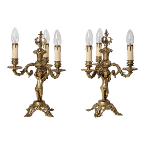 1930s Brass Cherub Candelabra Style Table Lamp - A Pair