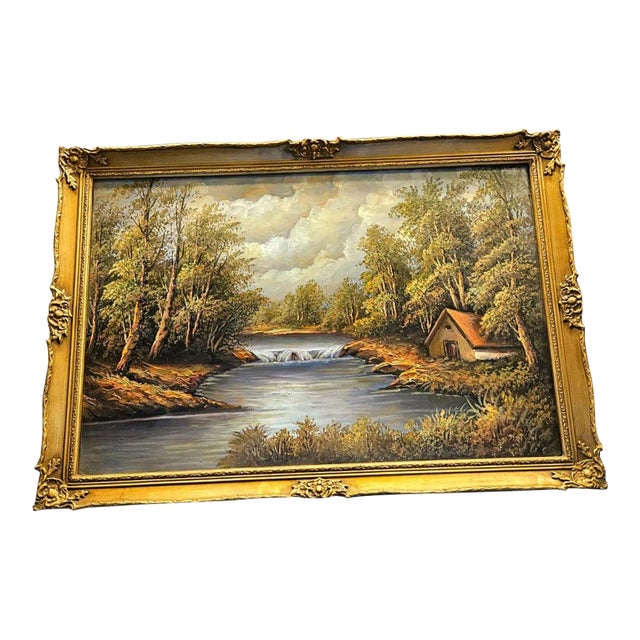 Charming Cottage Landscape Wall Art – Hand-Painted Woodland Scene With Ornate Gold Frame For Sale