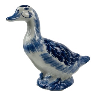 Vintage Delft Style Blue White Porcelain Duck Goose Figurine For Sale