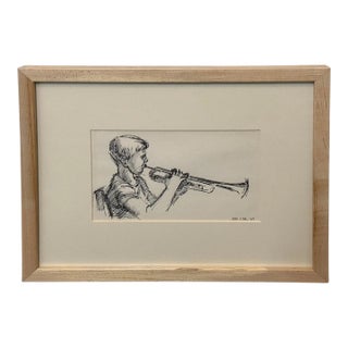 Trumpet Player, Ink Drawing by Joan Carl Strauss For Sale