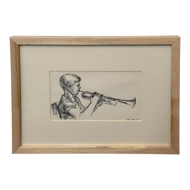 Trumpet Player, Ink Drawing by Joan Carl Strauss For Sale