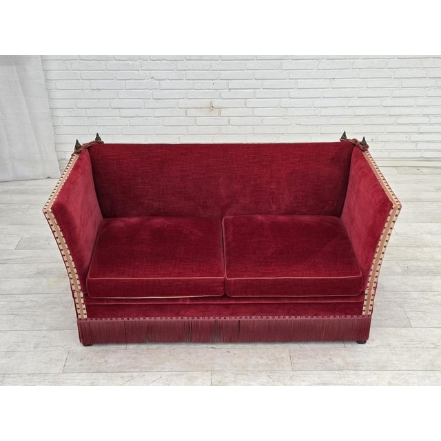1970s, Danish 2-seater drop arm sofa. Original red furniture velour, beige jacquard fabric, springs in the seat cushions....