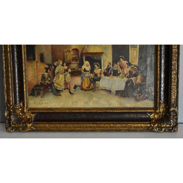 Wood Antique European Tavern Interior Genre Scene Framed Signed & Dated 1910 For Sale - Image 7 of 16