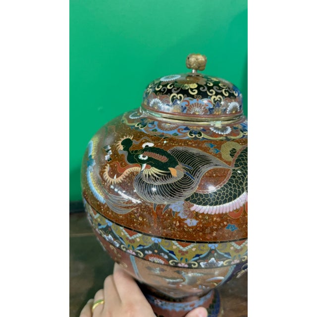 Metal Japanese Cloisonne Goldstone Enamel Dragon Covered Jar Meiji Period For Sale - Image 7 of 11