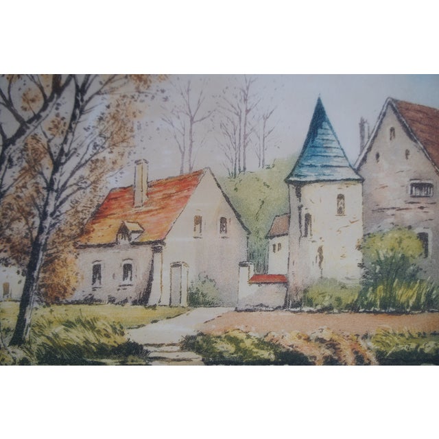 Vintage German Hand Signed Colored Etching European Cottage River Landscape 18" For Sale - Image 6 of 12
