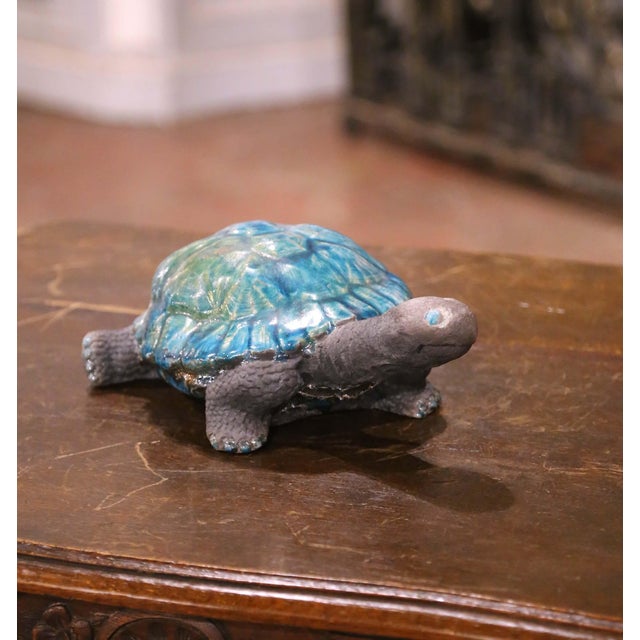 2010s Vintage French Carved Ceramic Two-Tone Crackled Turtle Sculpture Raku Method For Sale - Image 5 of 7