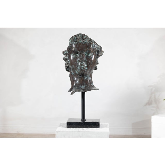 Bronze Renaissance-Inspired David Head Sculpture on Black Marble Base For Sale In New York - Image 6 of 12