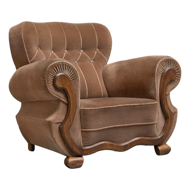 Vintage Art Deco Lounge Chair in Velvet and Oak, 1930s For Sale