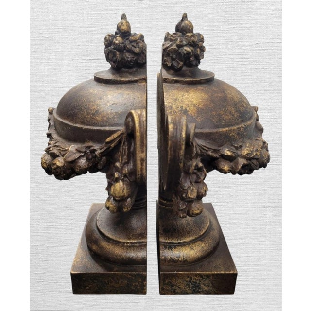 Vintage Neoclassical Antiqued Gold Classic Urn Shaped Bookends- A Pair For Sale In West Palm - Image 6 of 9