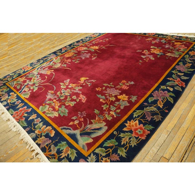 Art Deco 1920s Ruby Red Floral Antique Chinese Art Deco Carpet 8'10" X 11'2" Handknotted Pile Wool Rug For Sale - Image 3 of 9