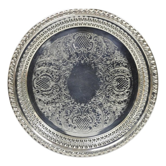 Vintage Leonard Silver Plated Pierced Gallery Round Serving Platter Tray For Sale